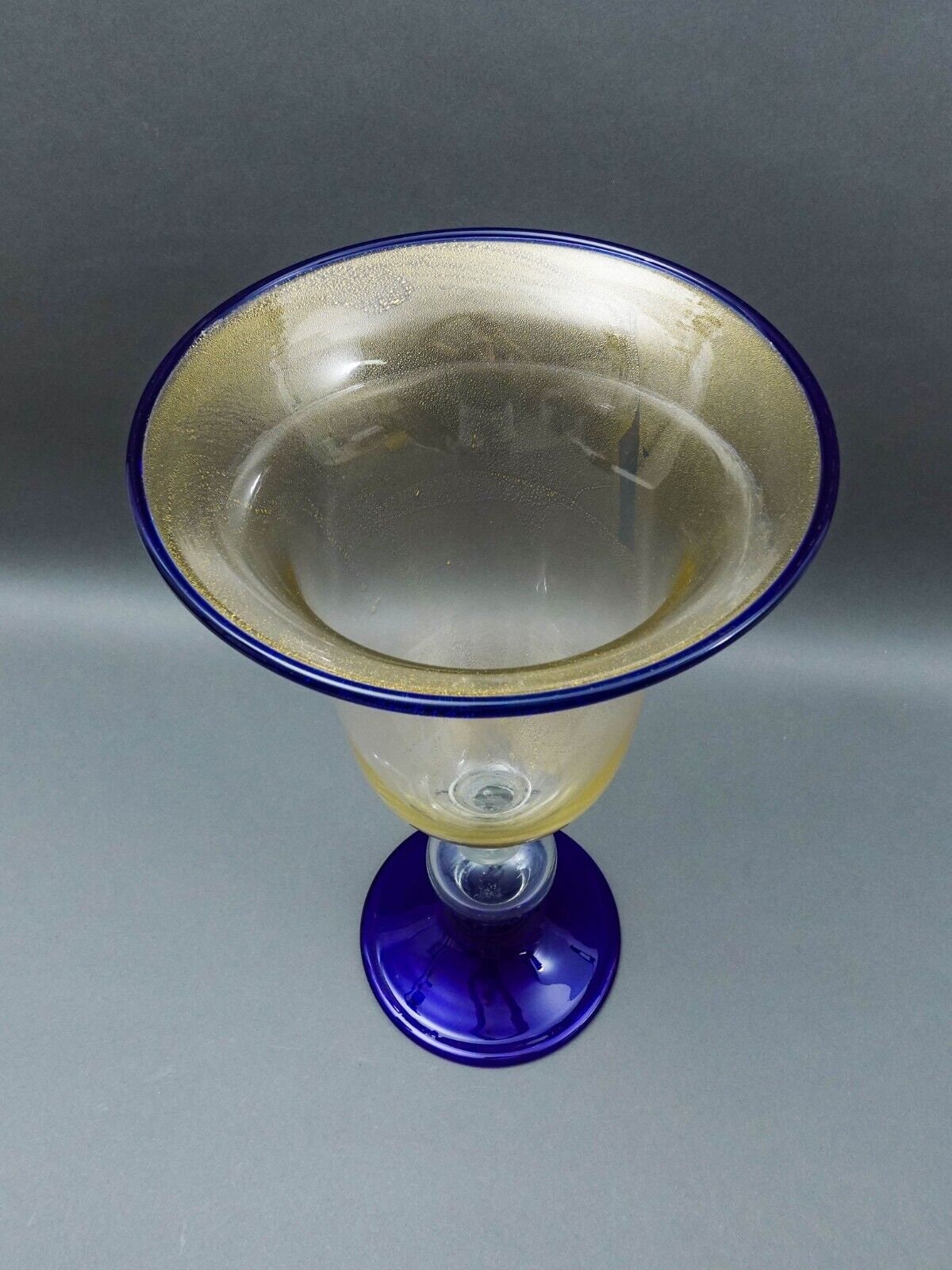 Murano Large Hand Blown Cobalt Blue Gold Fleck Art Glass Pedestal Vase 18 1/2"