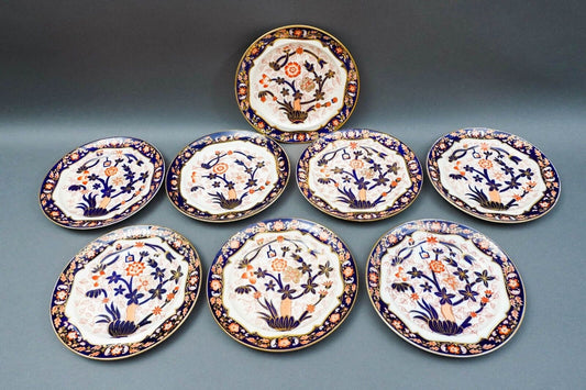 Copeland English 2 609 Imari Style Cobalt Gold Porcelain 8 3/8" Plate Set Of 8