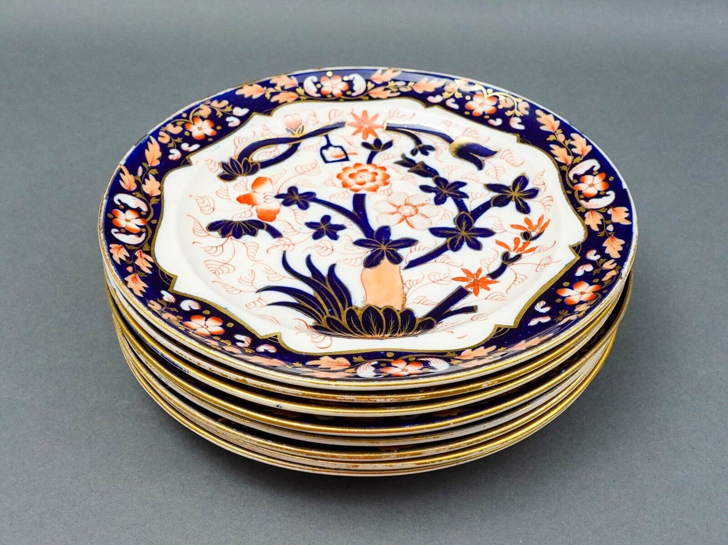 Copeland English 2 609 Imari Style Cobalt Gold Porcelain 8 3/8" Plate Set Of 8
