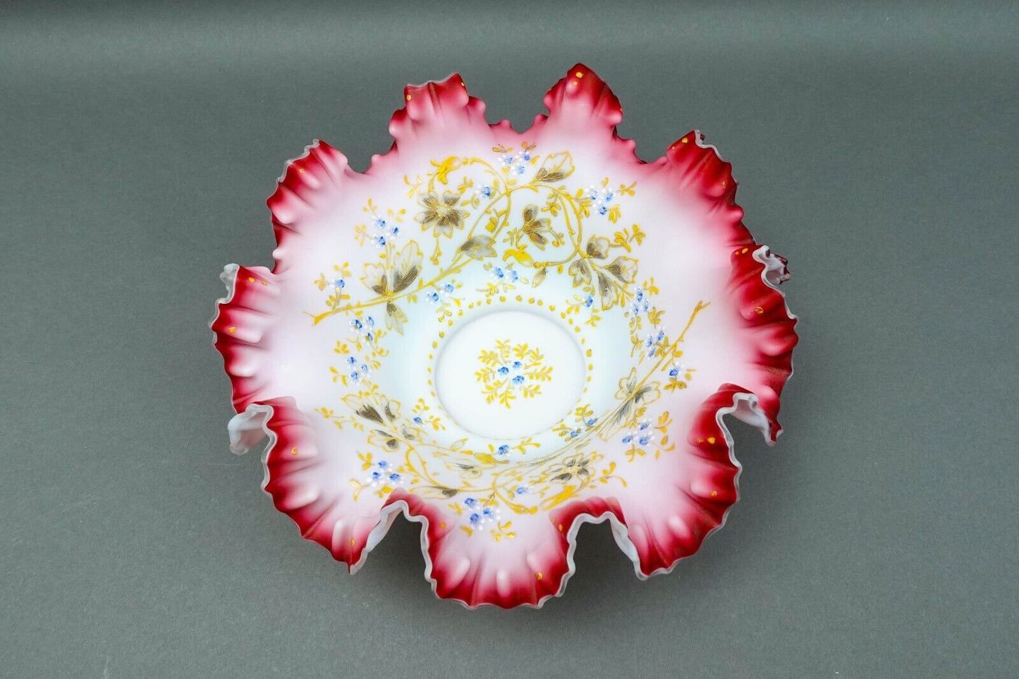 Antique Victorian Hand Painted Cranberry Ruffled Edges Glass Brides Basket Bowl