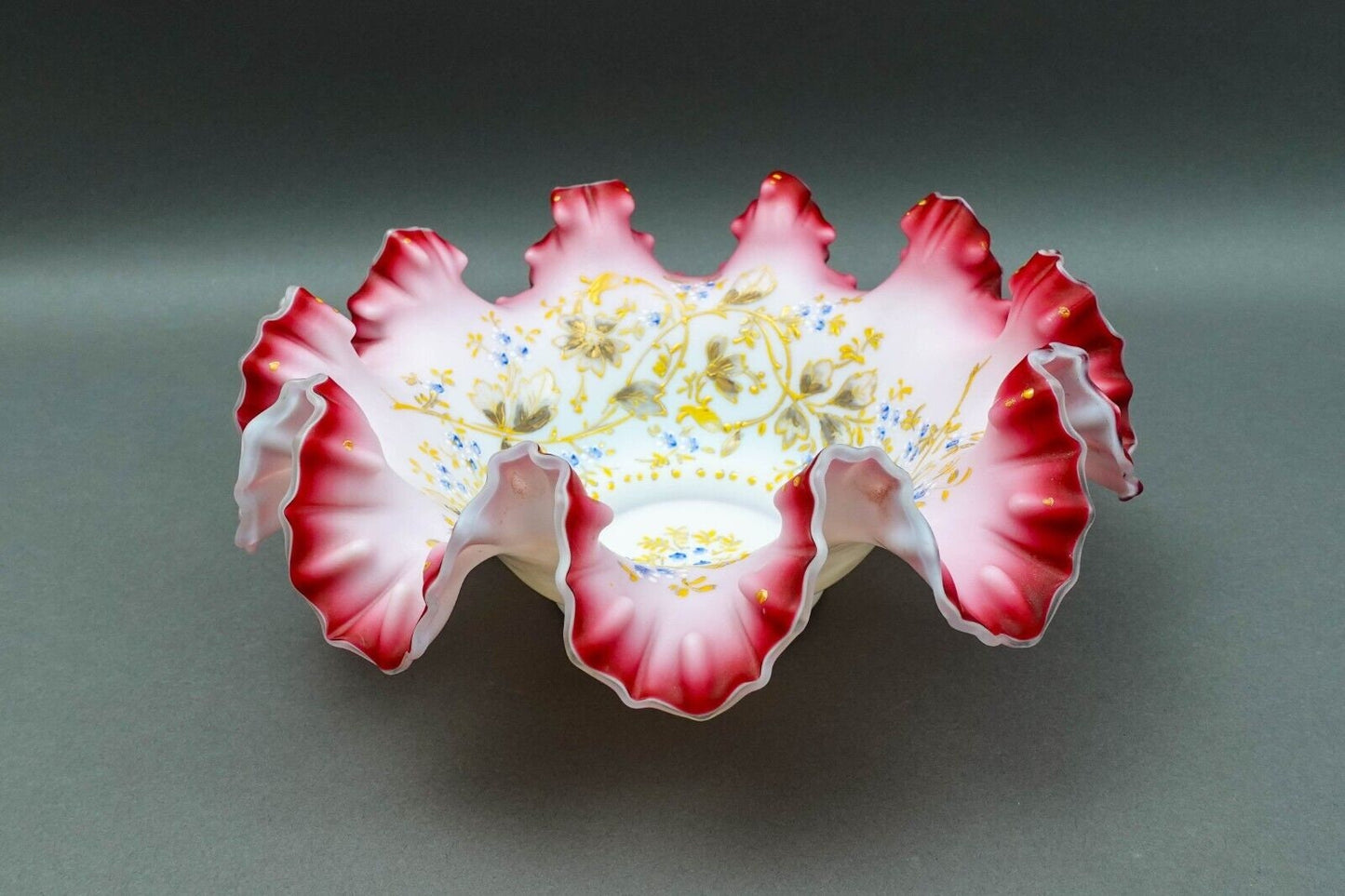 Antique Victorian Hand Painted Cranberry Ruffled Edges Glass Brides Basket Bowl
