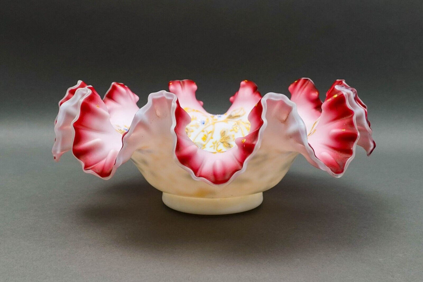 Antique Victorian Hand Painted Cranberry Ruffled Edges Glass Brides Basket Bowl