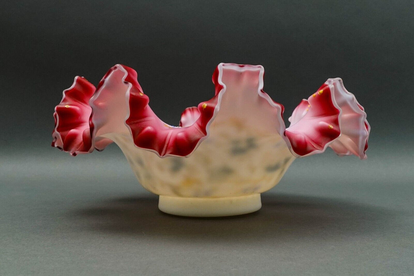 Antique Victorian Hand Painted Cranberry Ruffled Edges Glass Brides Basket Bowl