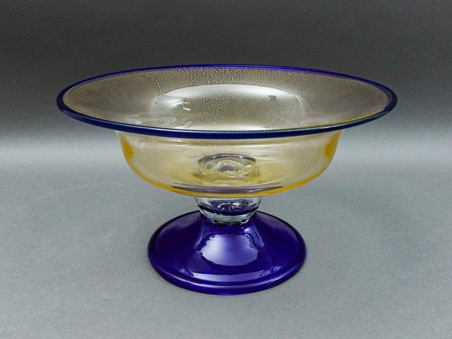 Murano Large Cobalt Blue Gold Fleck Art Glass Compote Centerpiece Bowl 12.25"