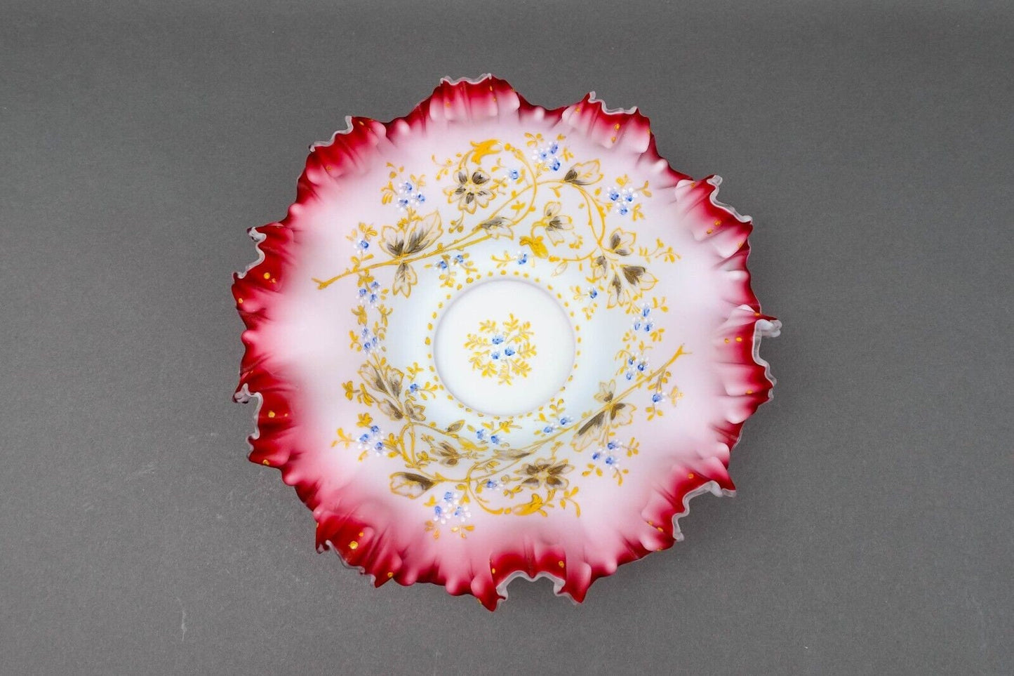 Antique Victorian Hand Painted Cranberry Ruffled Edges Glass Brides Basket Bowl