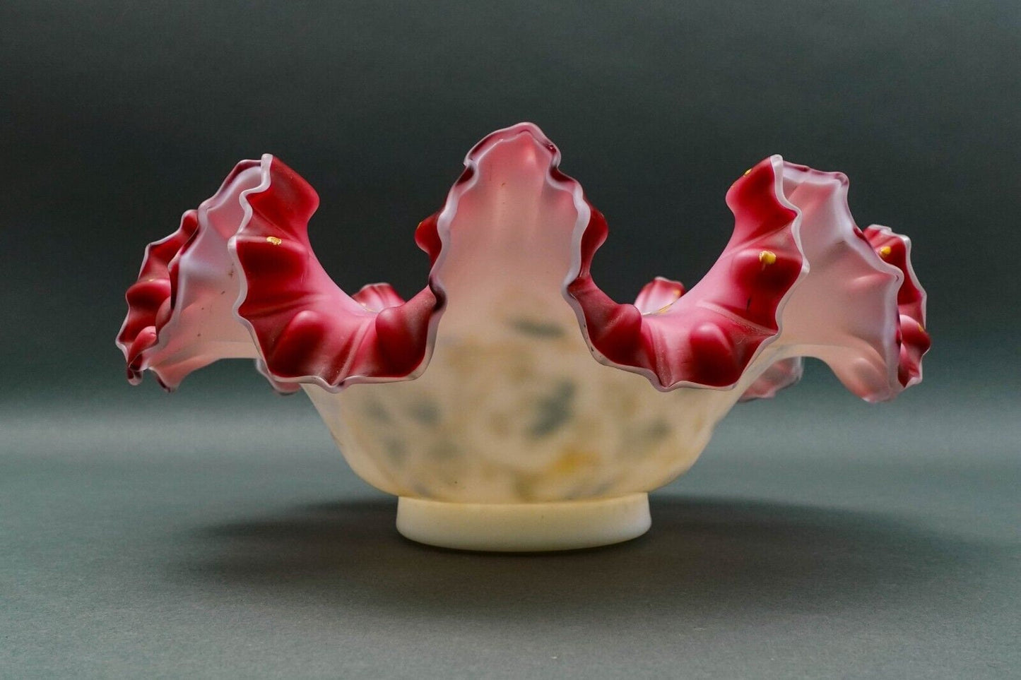 Antique Victorian Hand Painted Cranberry Ruffled Edges Glass Brides Basket Bowl