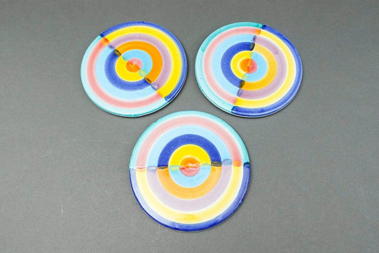 Italian Hand Painted Colorful Pottery Round 7 1/4" Trivet Hot Plate Set Of 3