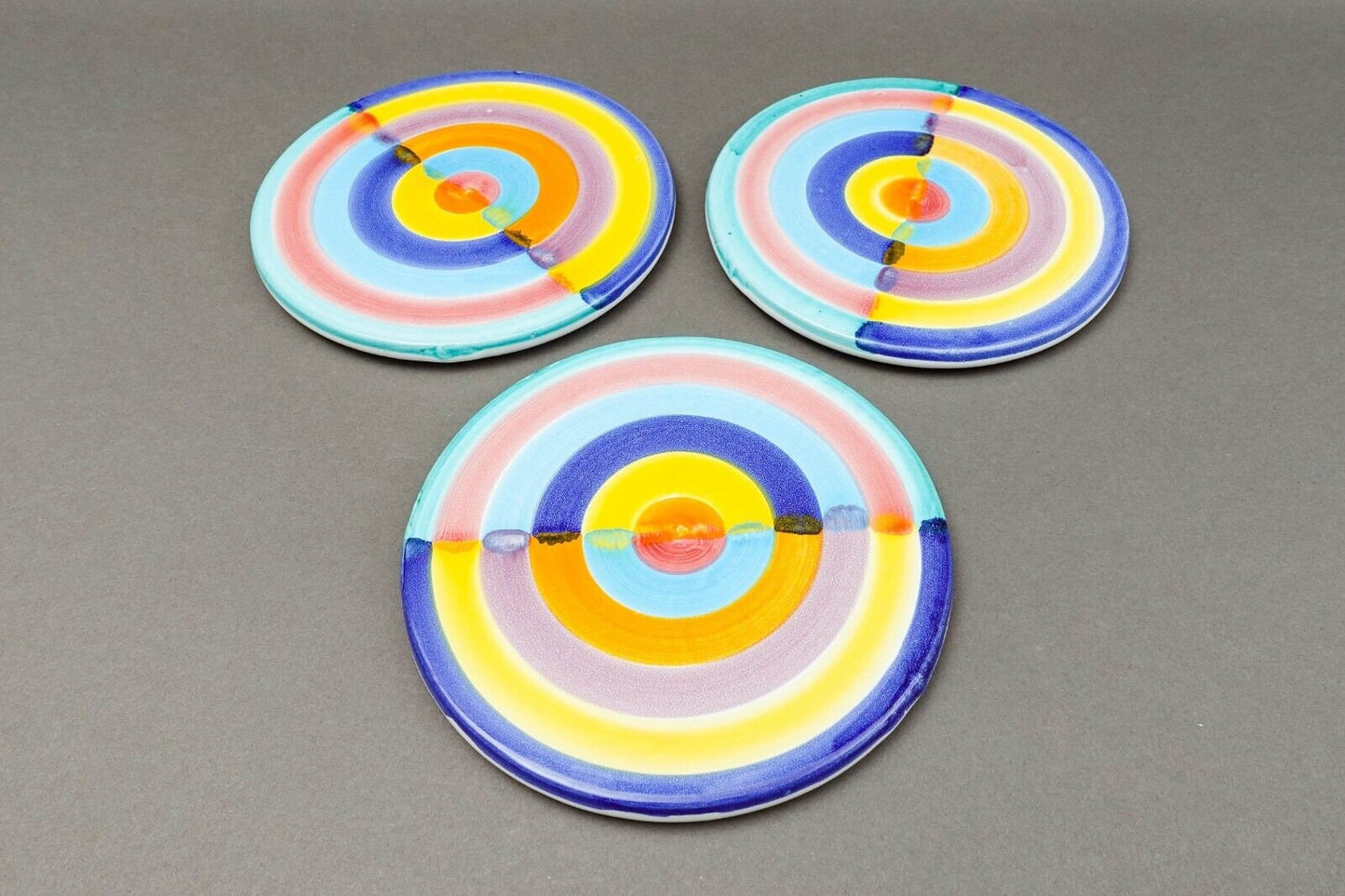 Italian Hand Painted Colorful Pottery Round 7 1/4" Trivet Hot Plate Set Of 3