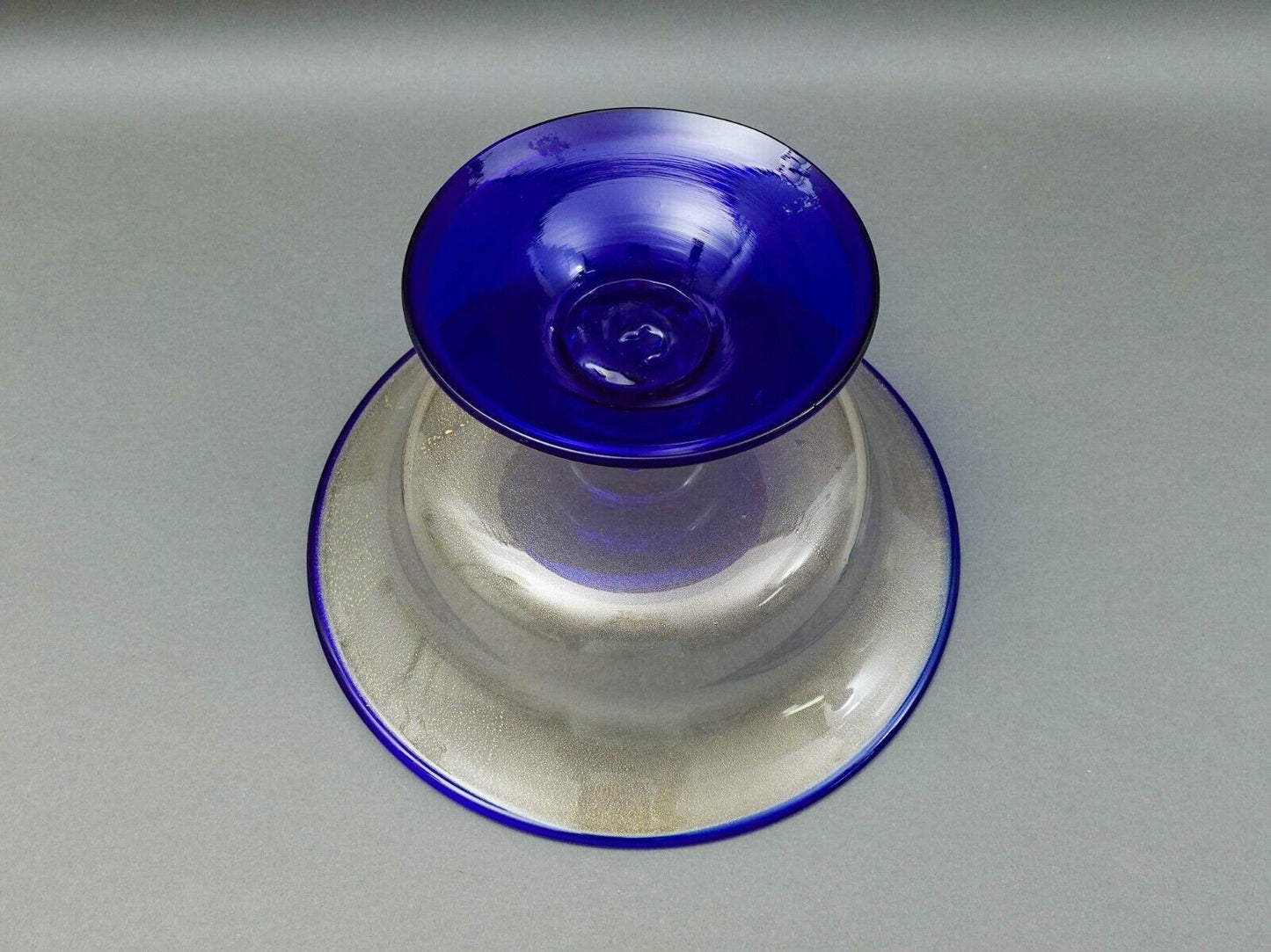 Murano Large Cobalt Blue Gold Fleck Art Glass Compote Centerpiece Bowl 12.25"