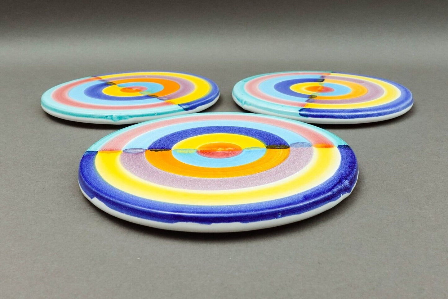 Italian Hand Painted Colorful Pottery Round 7 1/4" Trivet Hot Plate Set Of 3
