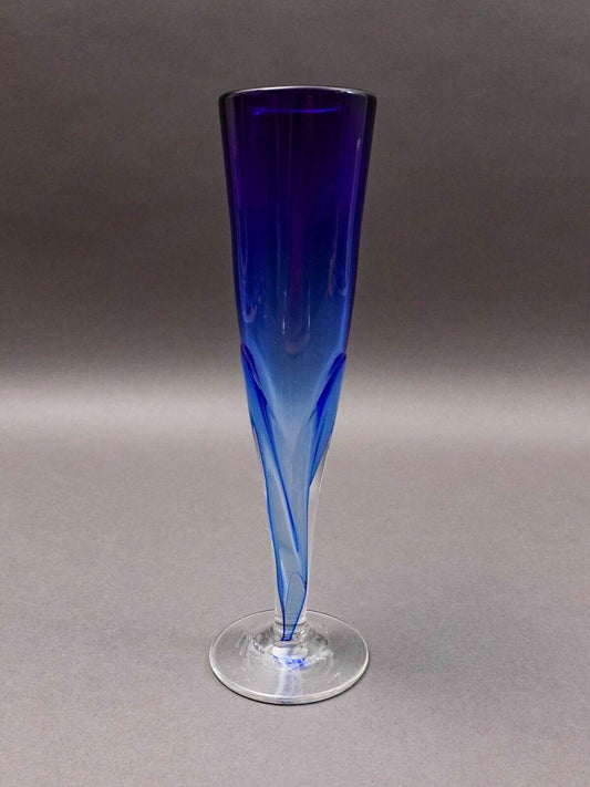 Vintage Signed 1987 Blue Hand Blown Art Glass Fluted Bud Vase 10 3/8"