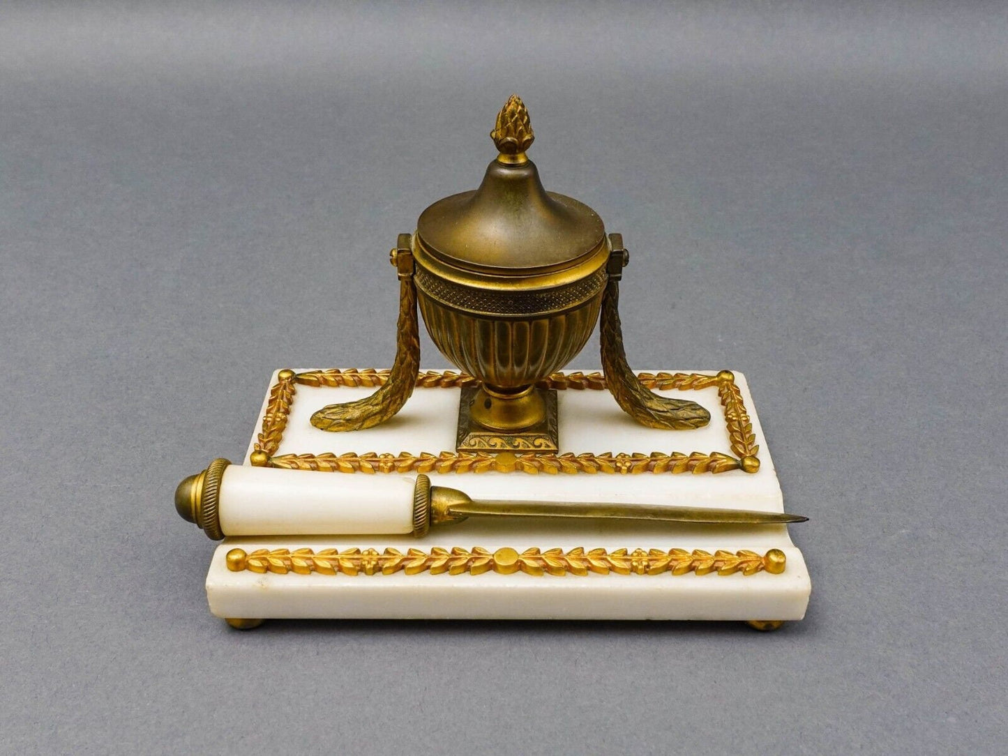 Antique French Empire Neoclassical Marble Bronze Inkwell & Letter Opener Set
