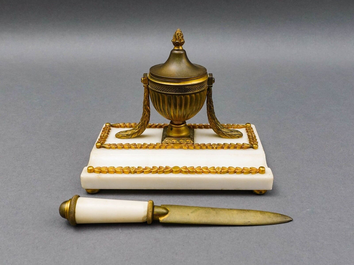 Antique French Empire Neoclassical Marble Bronze Inkwell & Letter Opener Set