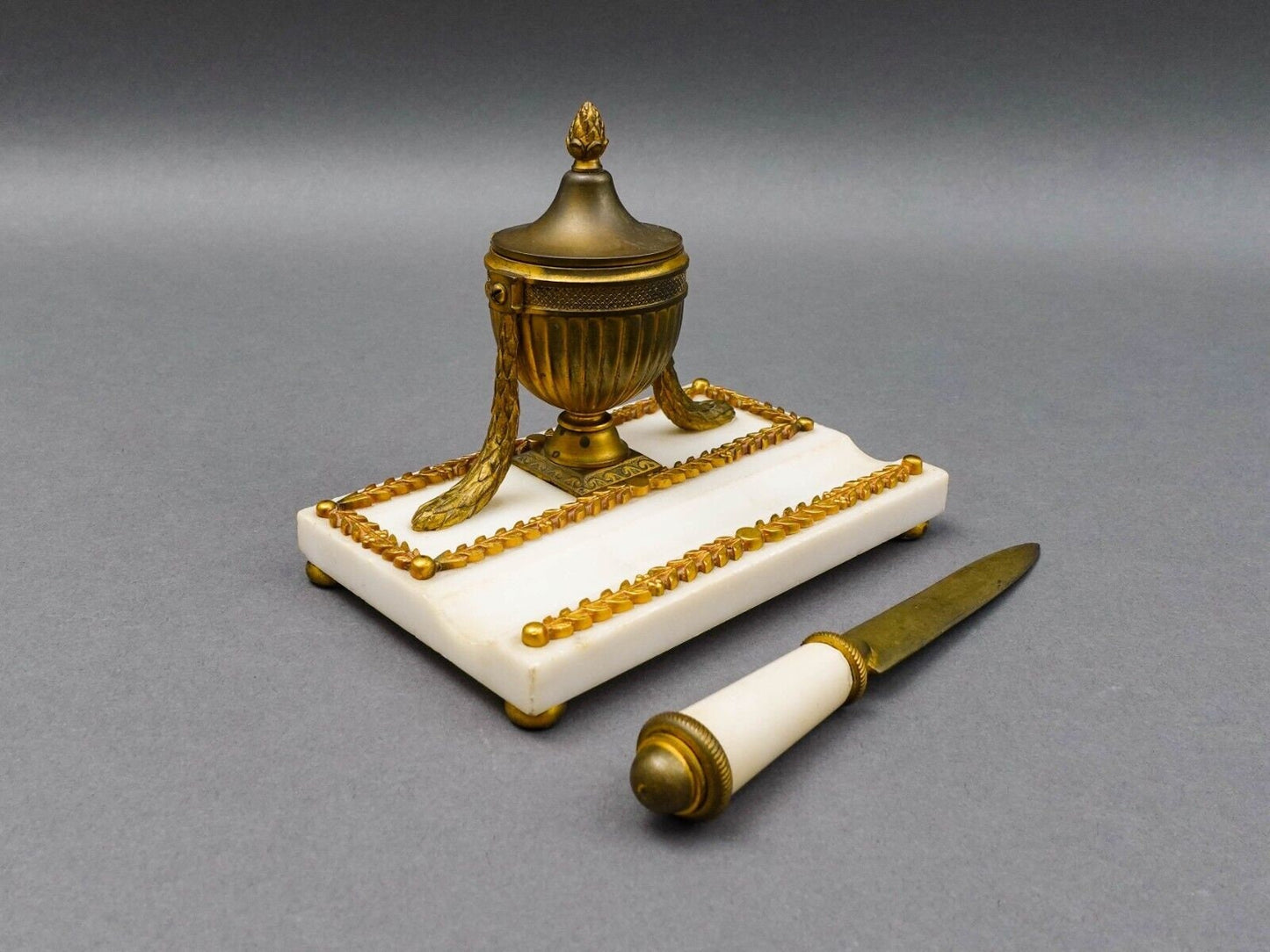 Antique French Empire Neoclassical Marble Bronze Inkwell & Letter Opener Set