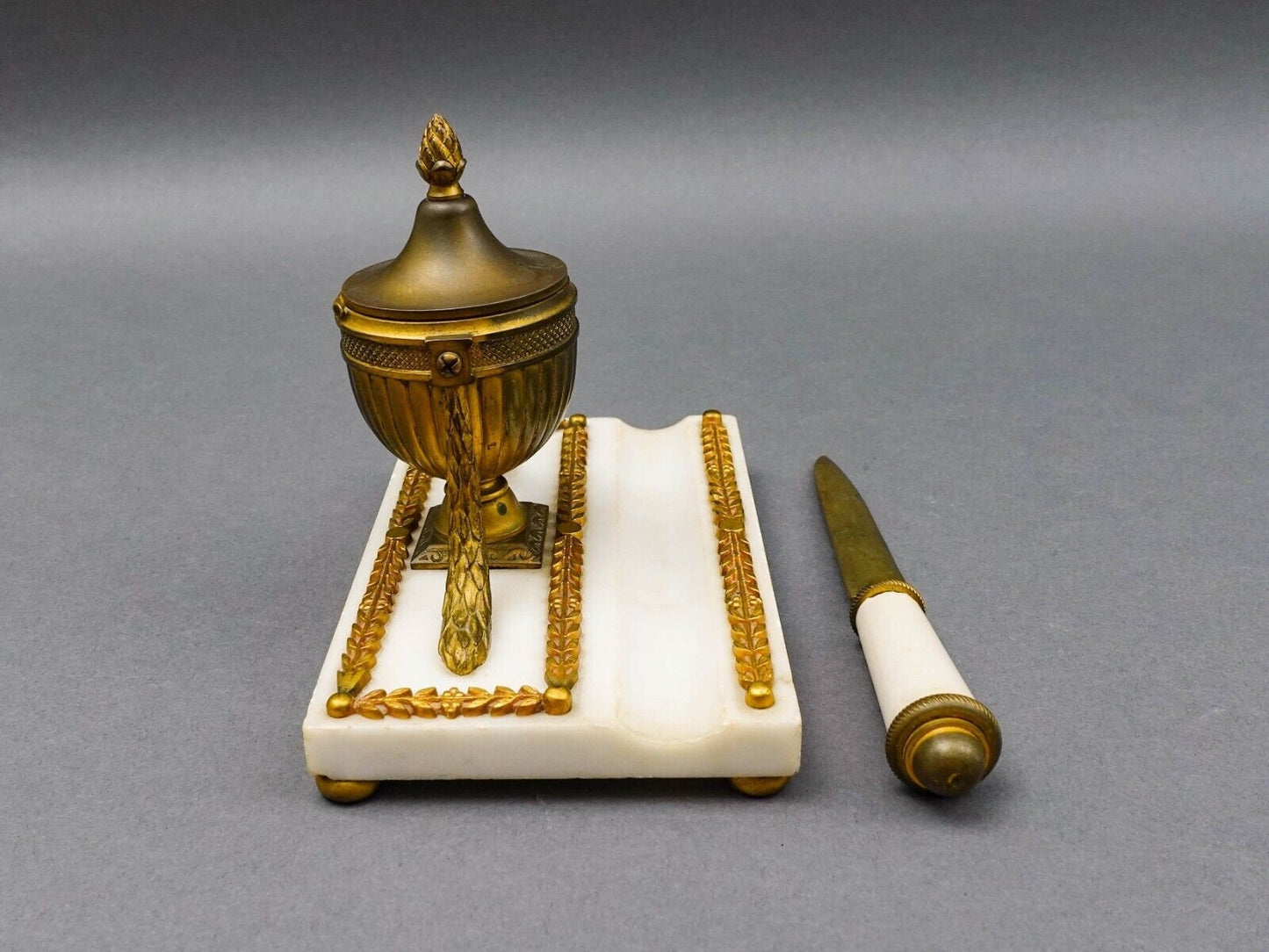 Antique French Empire Neoclassical Marble Bronze Inkwell & Letter Opener Set