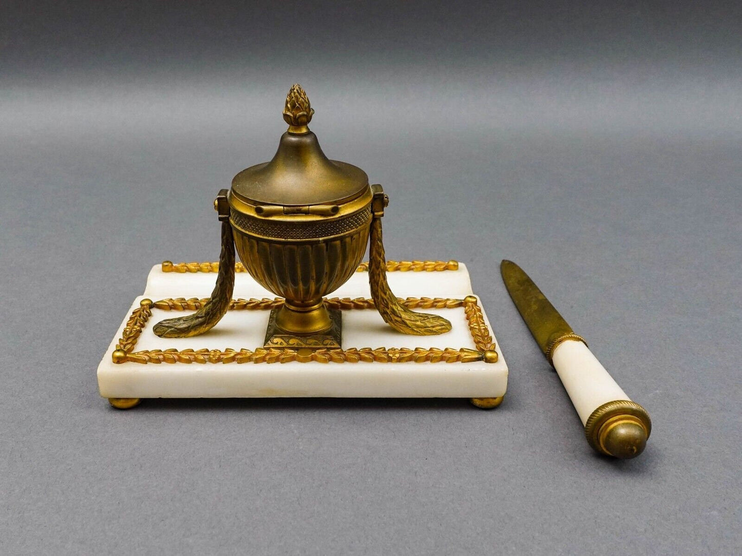 Antique French Empire Neoclassical Marble Bronze Inkwell & Letter Opener Set