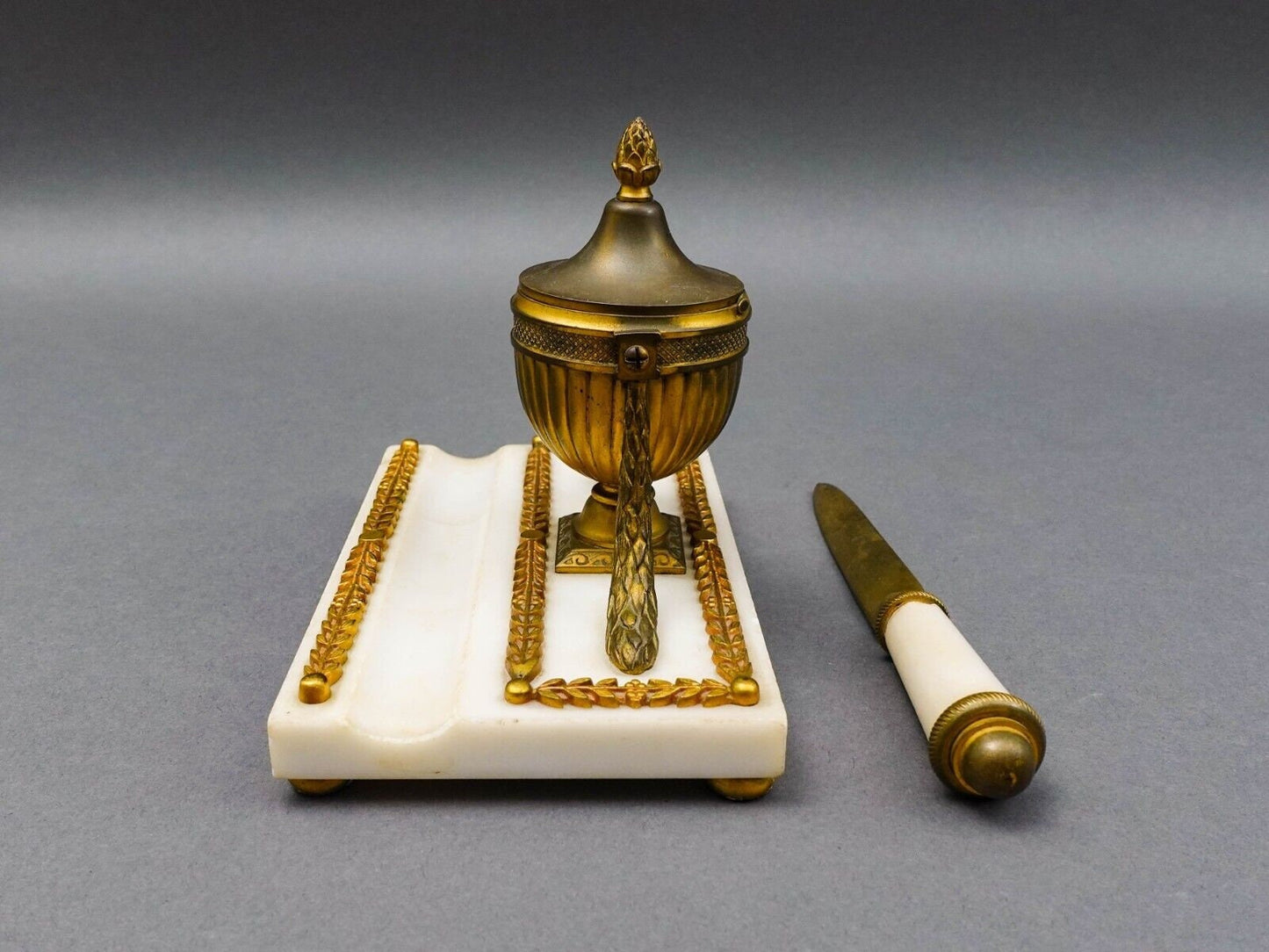 Antique French Empire Neoclassical Marble Bronze Inkwell & Letter Opener Set