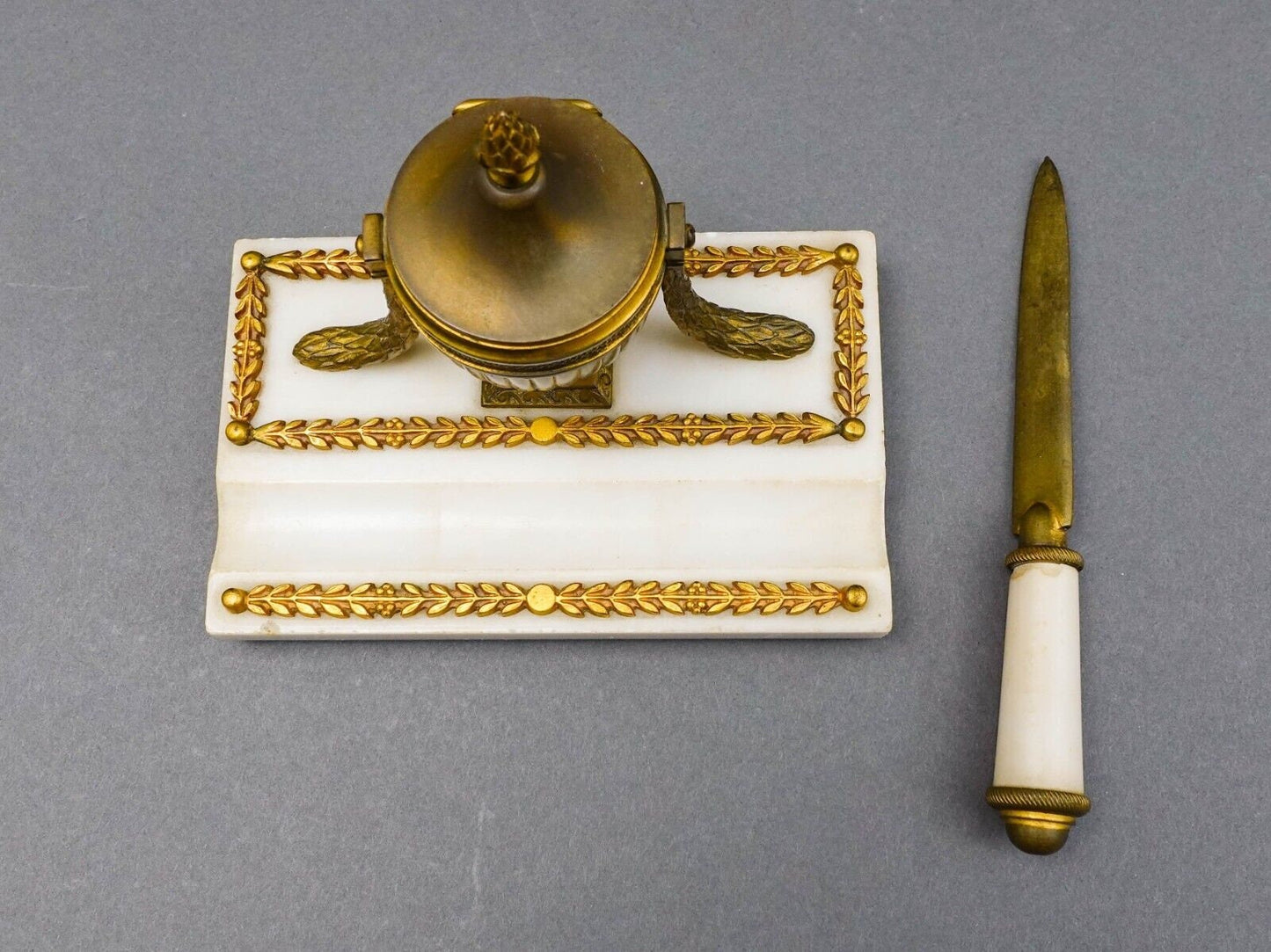 Antique French Empire Neoclassical Marble Bronze Inkwell & Letter Opener Set