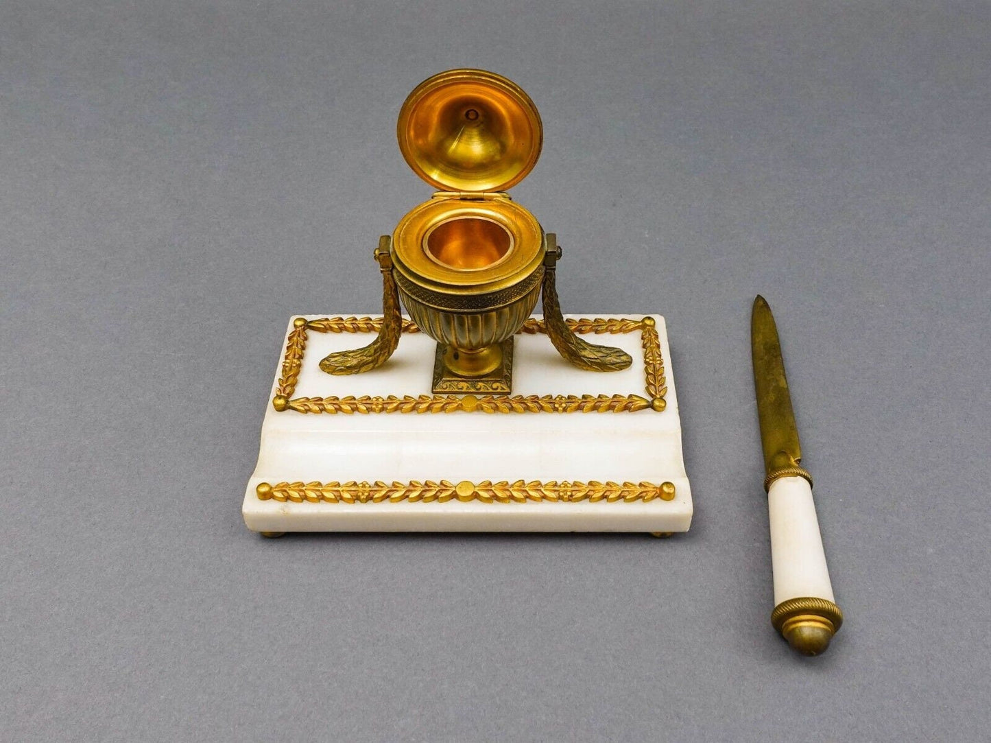 Antique French Empire Neoclassical Marble Bronze Inkwell & Letter Opener Set
