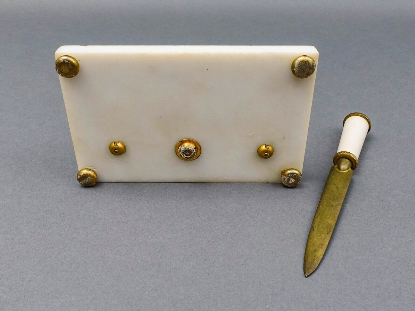 Antique French Empire Neoclassical Marble Bronze Inkwell & Letter Opener Set