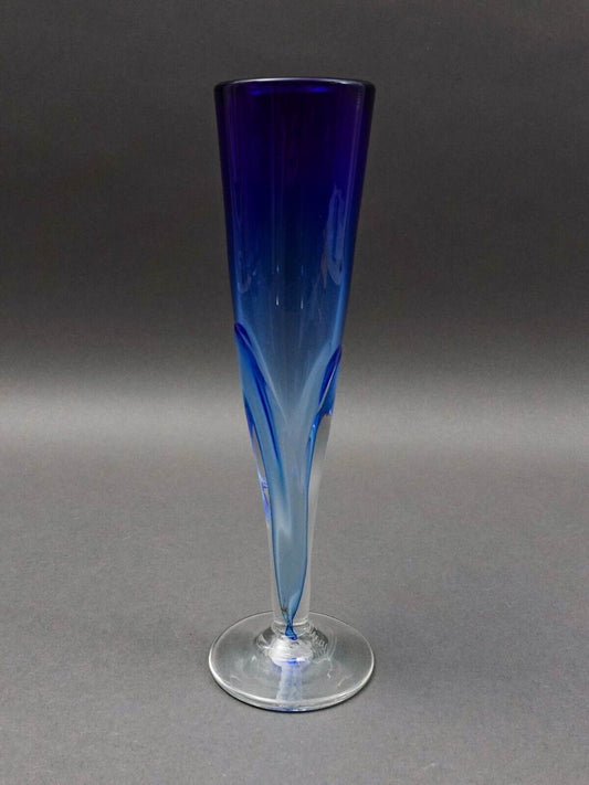 Vintage Signed 1987 Blue Hand Blown Art Glass Fluted Bud Vase 10 3/8"