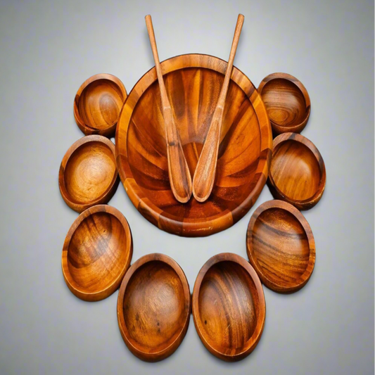 Dansk JHQ Teak Wood 16 1/4" Large Bowl With Servers & (8) 6 1/2" Small Bowls Set