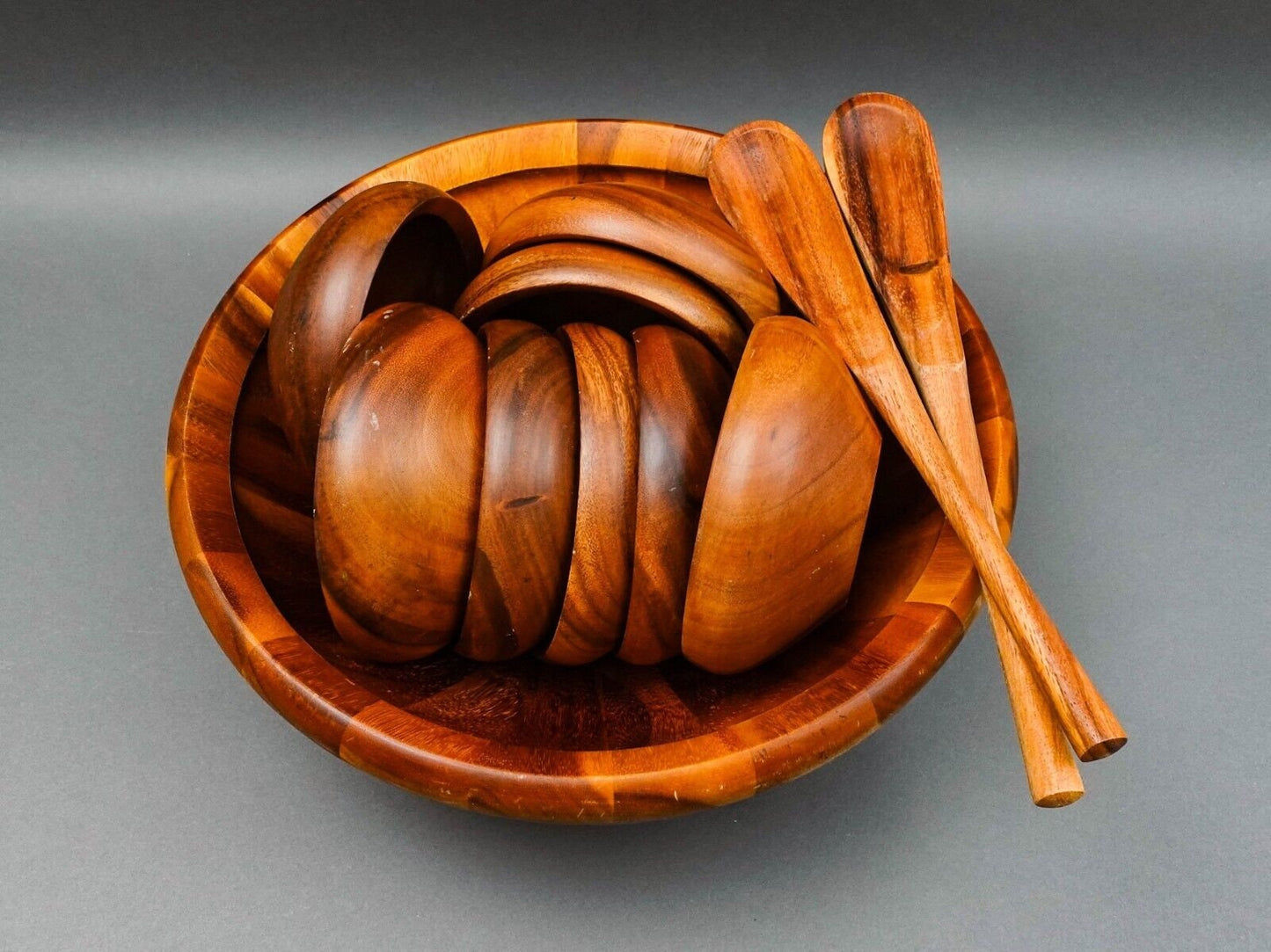 Dansk JHQ Teak Wood 16 1/4" Large Bowl With Servers & (8) 6 1/2" Small Bowls Set