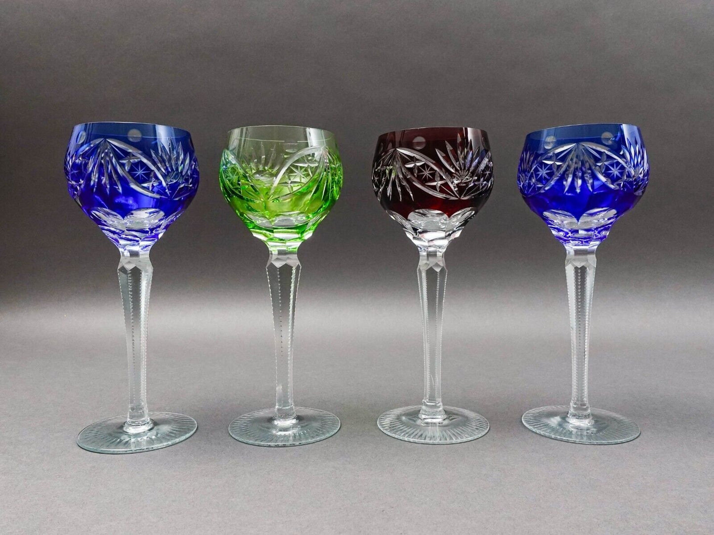 Lausitzer Bohemian Cut to Clear Fans Stars Roundlets Wine Hock Goblets Set Of 4