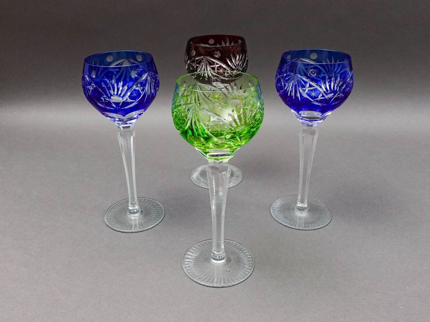 Lausitzer Bohemian Cut to Clear Fans Stars Roundlets Wine Hock Goblets Set Of 4