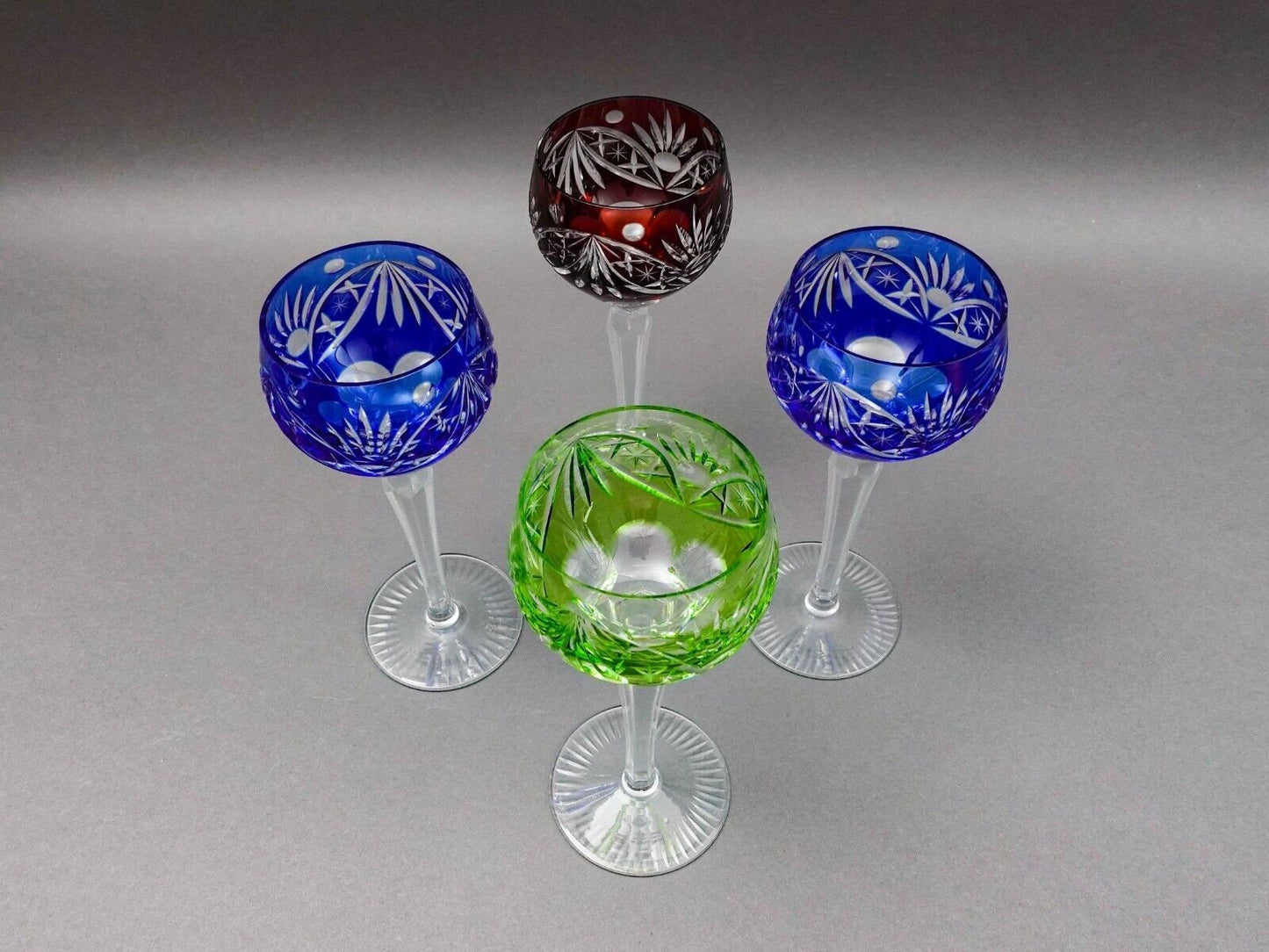 Lausitzer Bohemian Cut to Clear Fans Stars Roundlets Wine Hock Goblets Set Of 4
