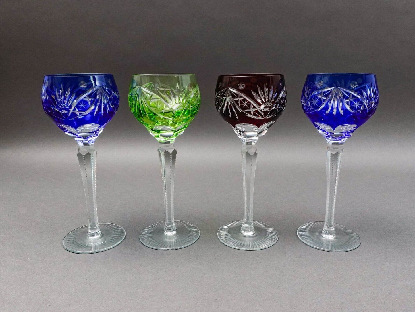 Lausitzer Bohemian Cut to Clear Fans Stars Roundlets Wine Hock Goblets Set Of 4