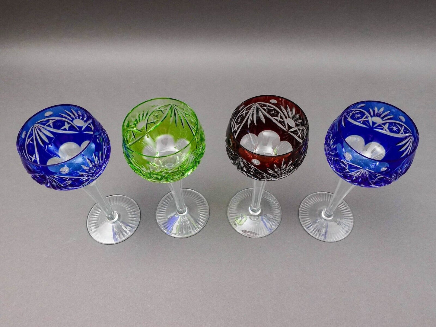 Lausitzer Bohemian Cut to Clear Fans Stars Roundlets Wine Hock Goblets Set Of 4