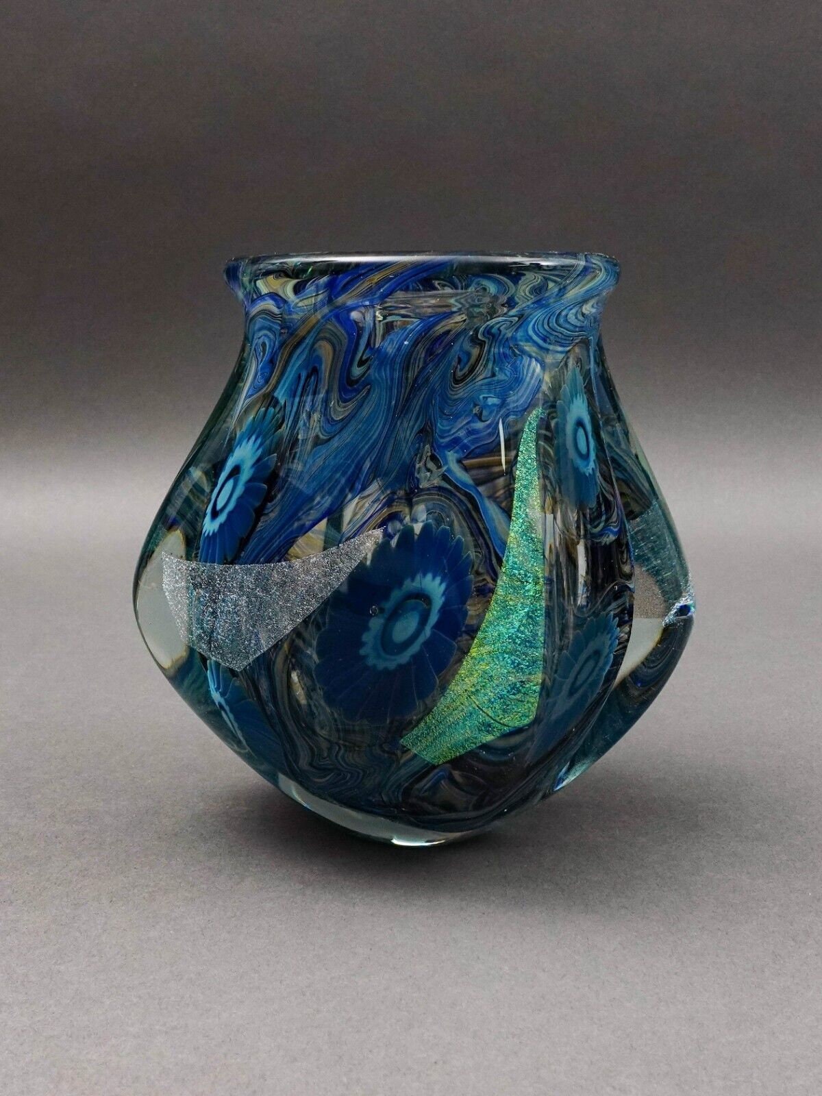 Robert Eickholt 2008 Blue Iridescent Dichroic Free Form Deep Sea Art Glass Vase