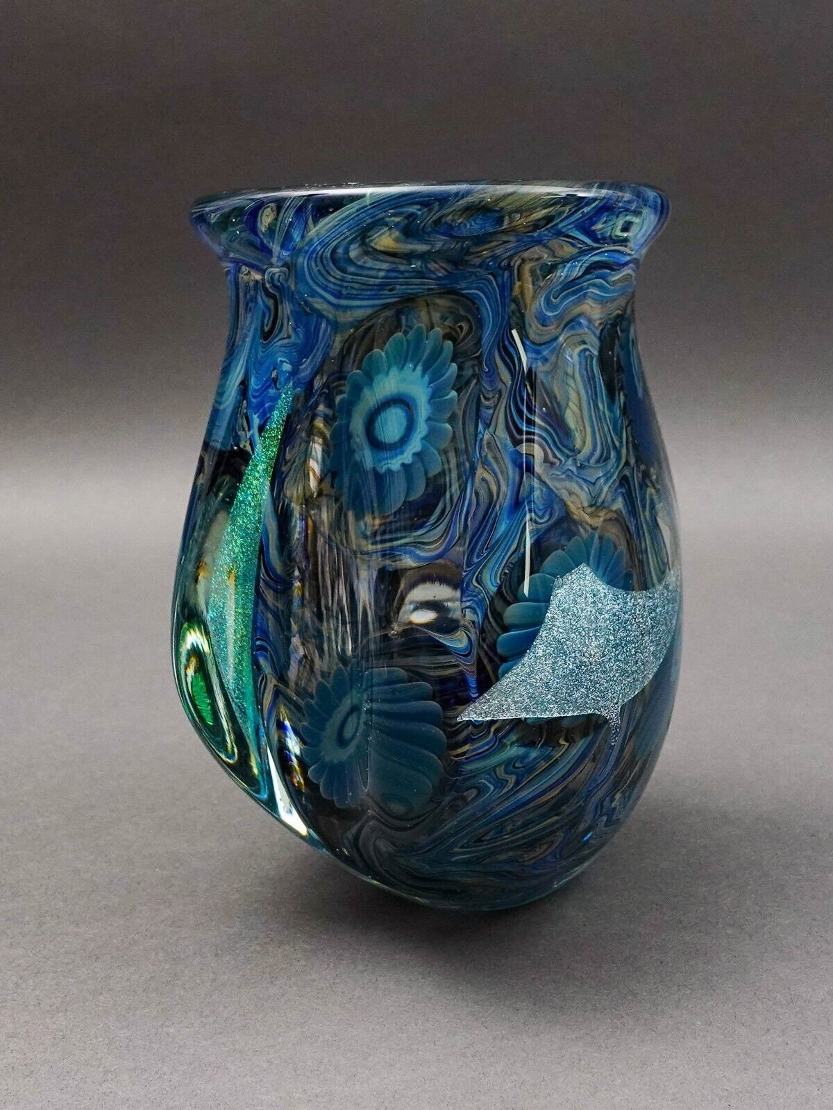 Robert Eickholt 2008 Blue Iridescent Dichroic Free Form Deep Sea Art Glass Vase