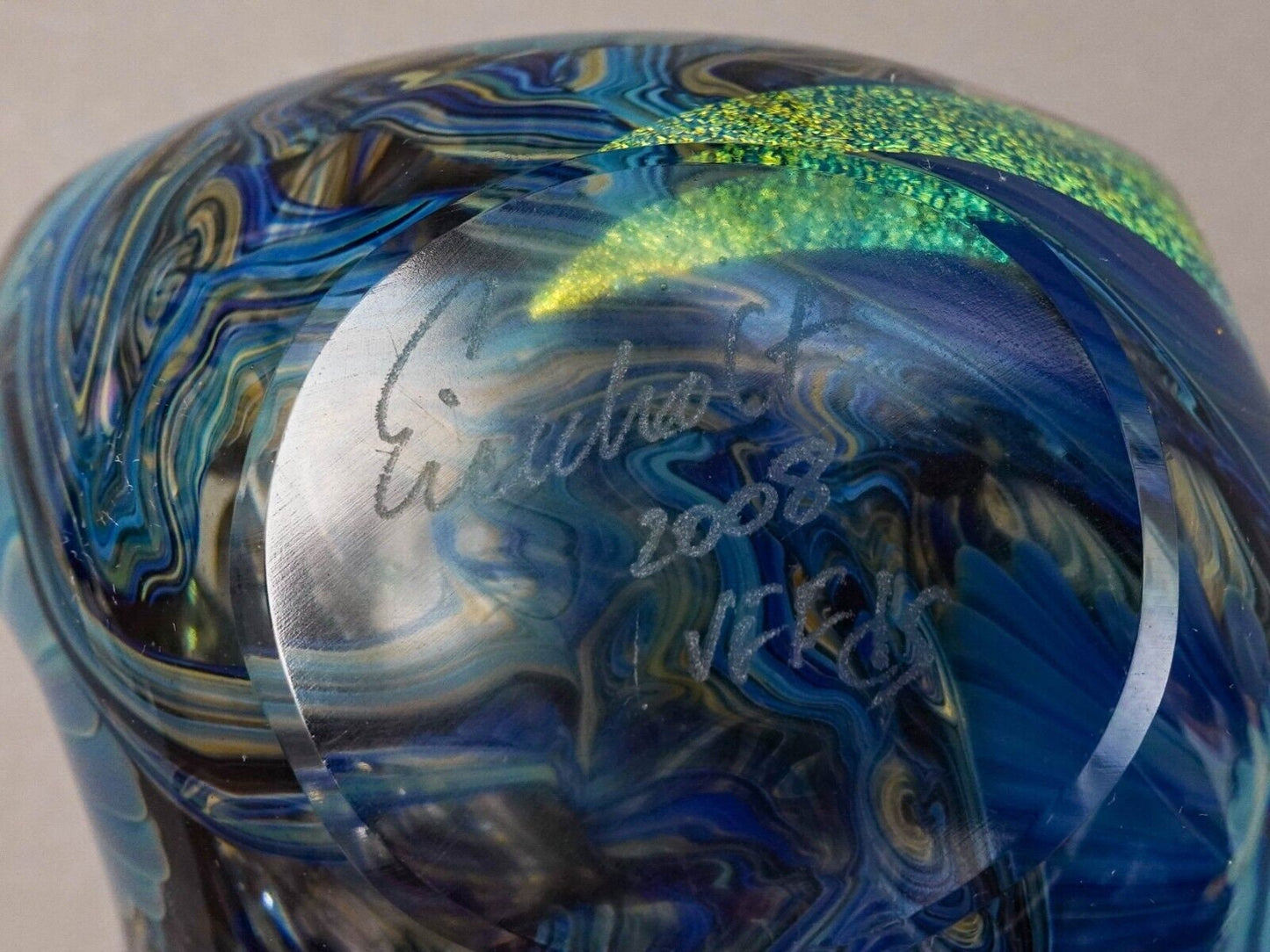 Robert Eickholt 2008 Blue Iridescent Dichroic Free Form Deep Sea Art Glass Vase