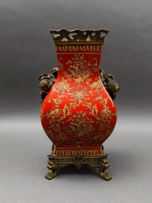Mark Roberts Floral Porcelain & Bronze Footed Vase 13.5"