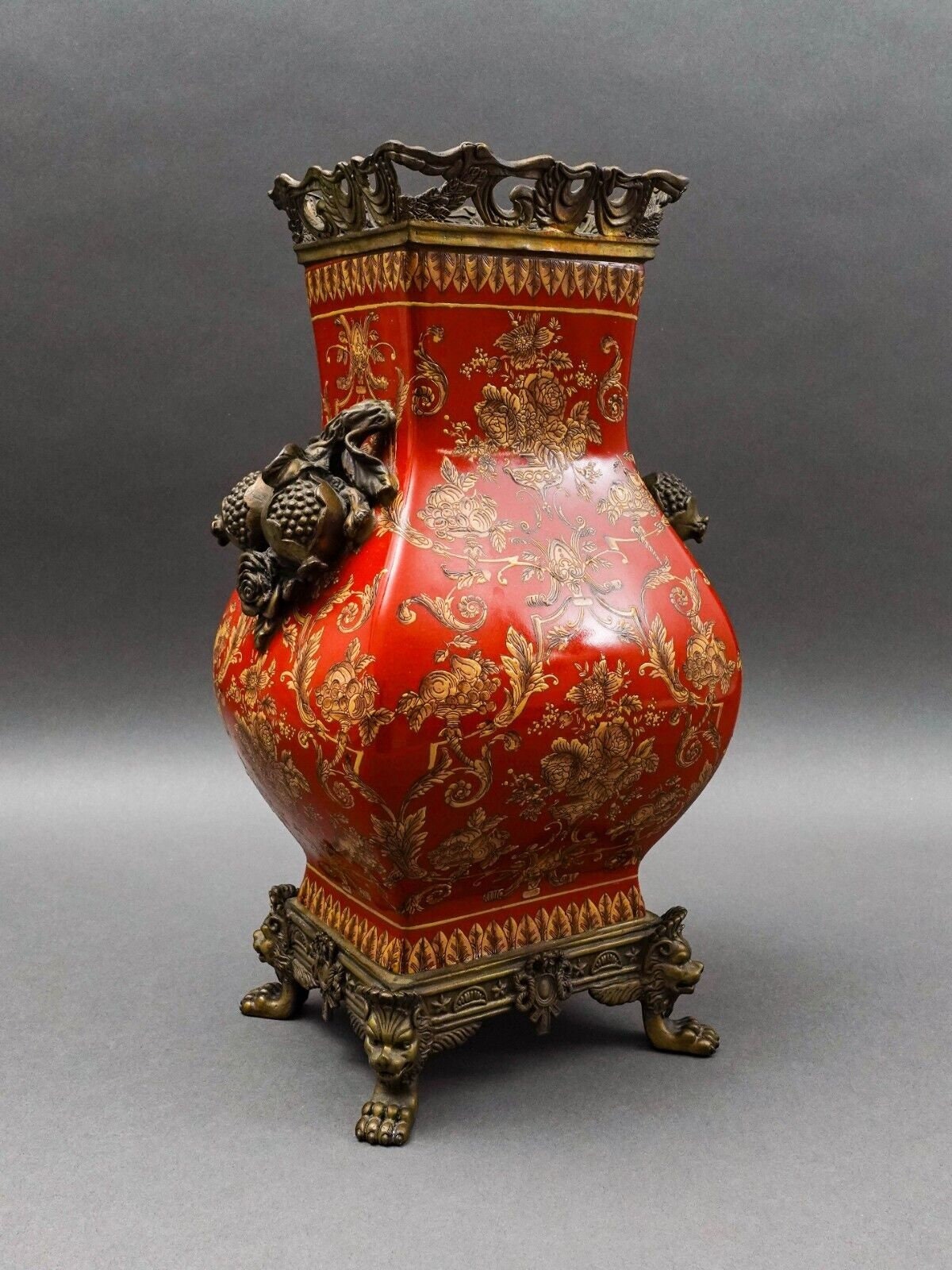 Mark Roberts Floral Porcelain & Bronze Footed Vase 13.5"