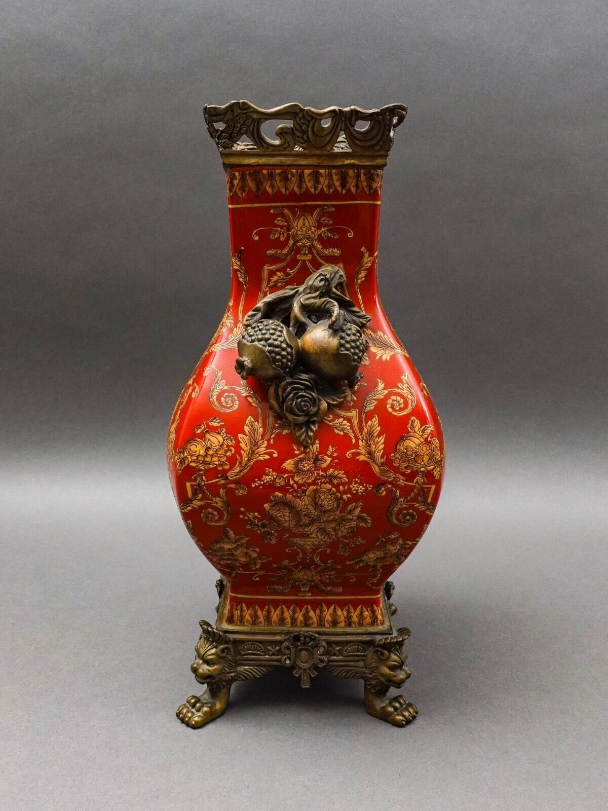 Mark Roberts Floral Porcelain & Bronze Footed Vase 13.5"
