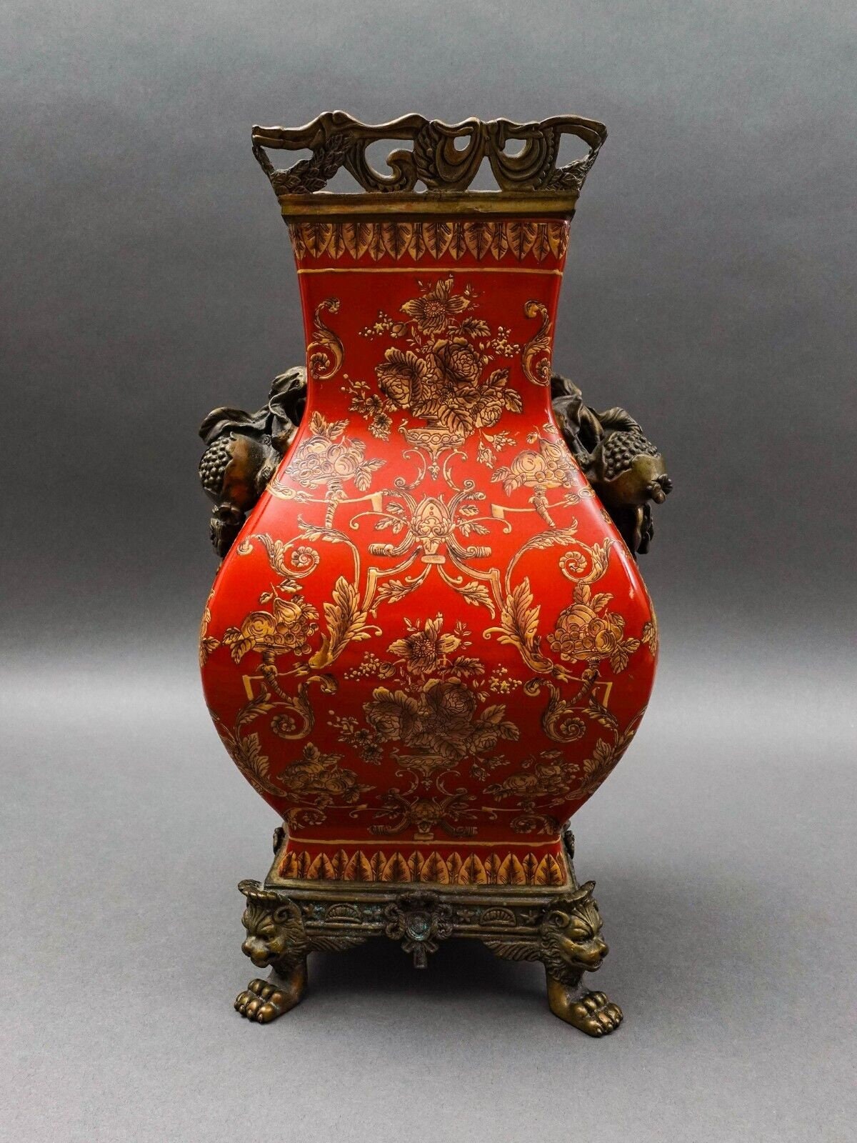 Mark Roberts Floral Porcelain & Bronze Footed Vase 13.5"
