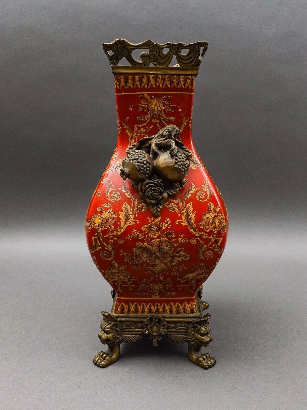 Mark Roberts Floral Porcelain & Bronze Footed Vase 13.5"