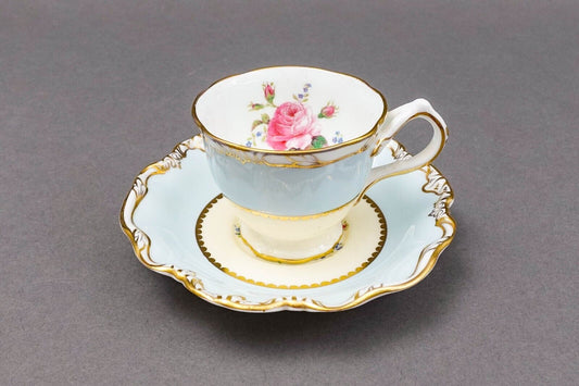 George Jones Crescent England Rose Floral Blue Gold Demitasse Cup & Saucer