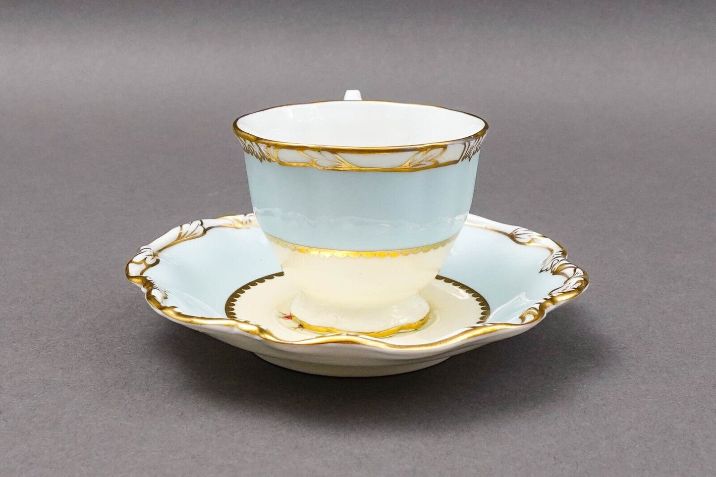 George Jones Crescent England Rose Floral Blue Gold Demitasse Cup & Saucer