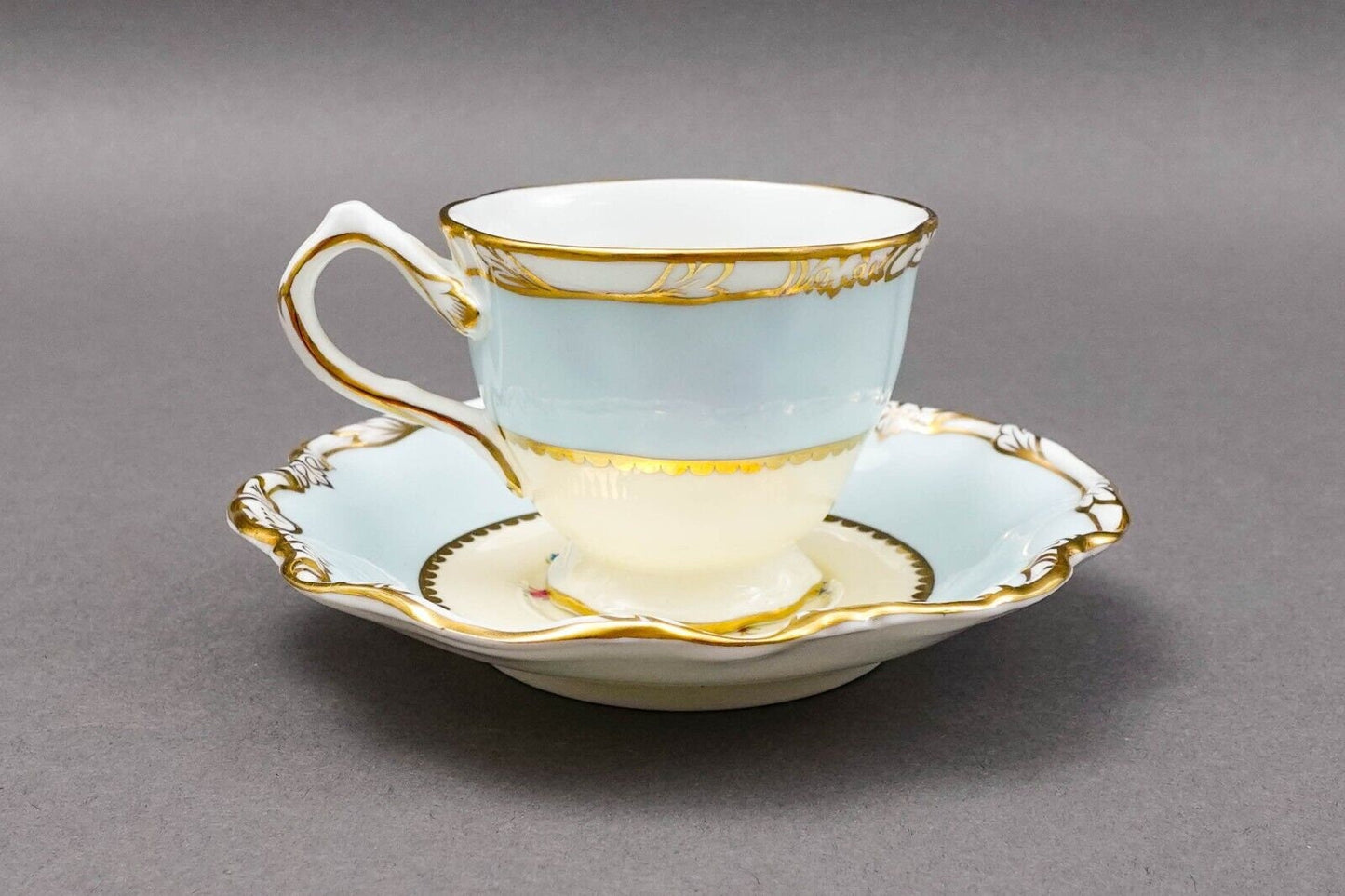 George Jones Crescent England Rose Floral Blue Gold Demitasse Cup & Saucer