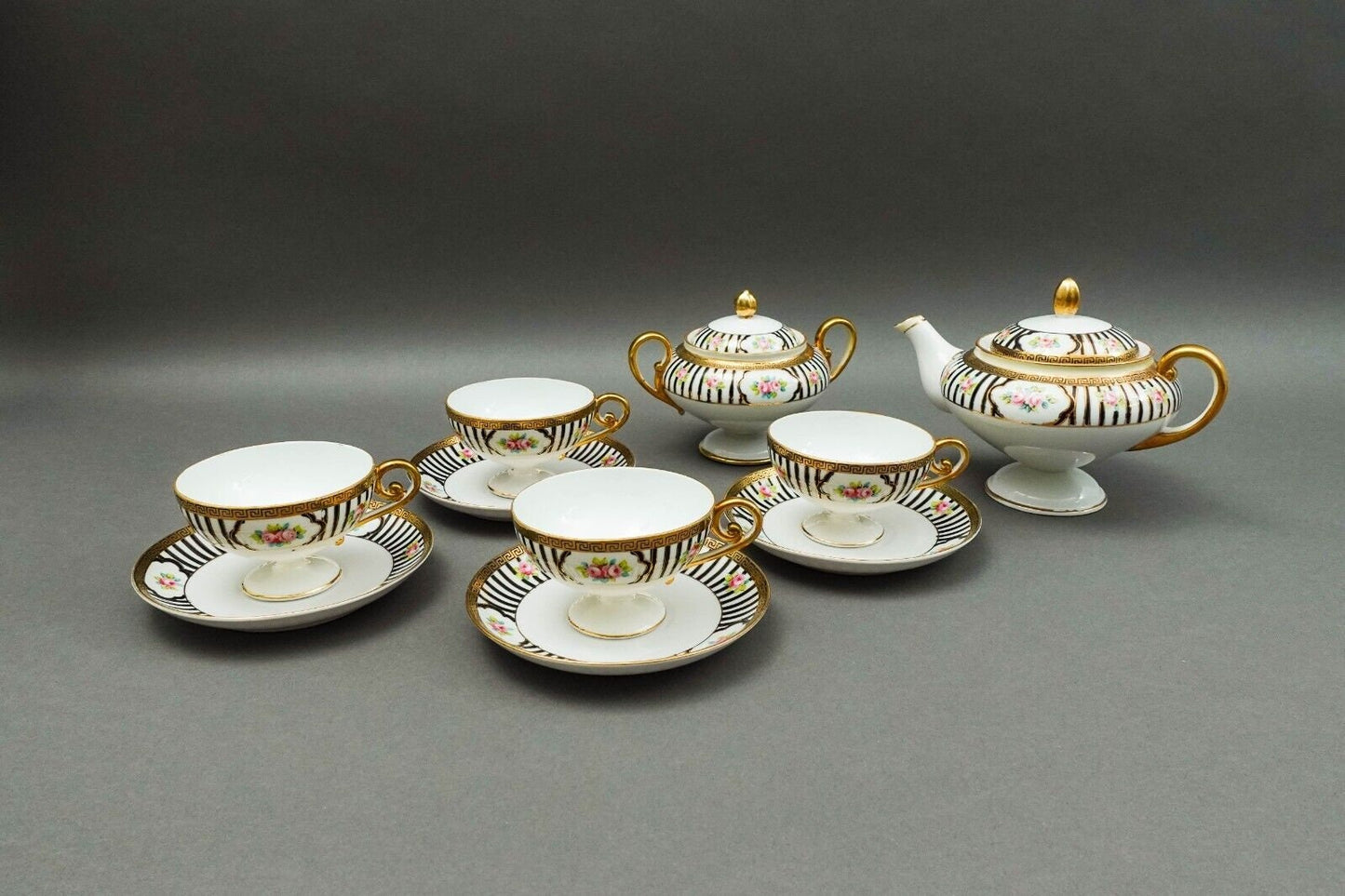 Nippon Japan Hand Painted Pink Roses Gold Gilded Tea Set - No Creamer