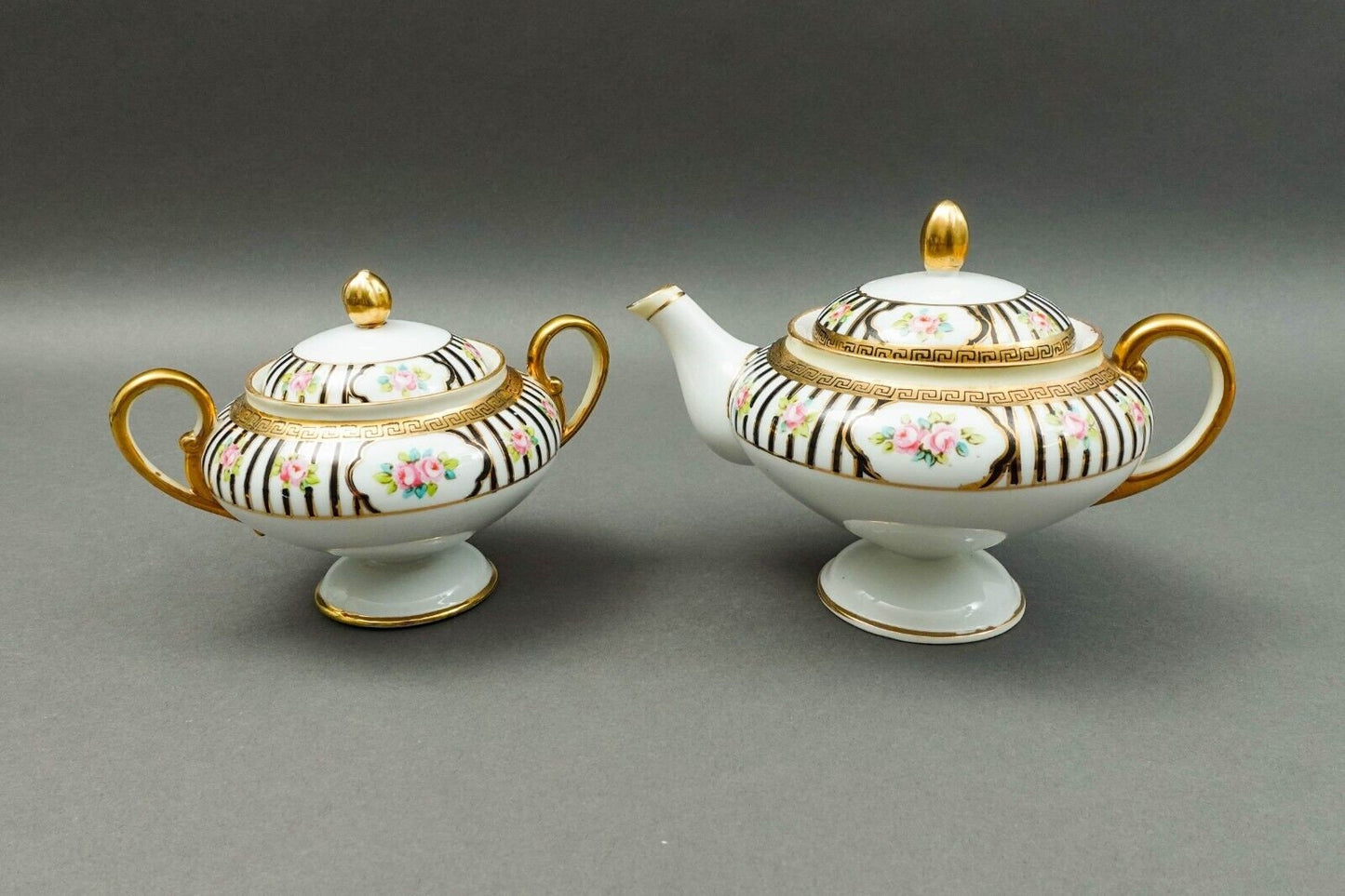 Nippon Japan Hand Painted Pink Roses Gold Gilded Tea Set - No Creamer