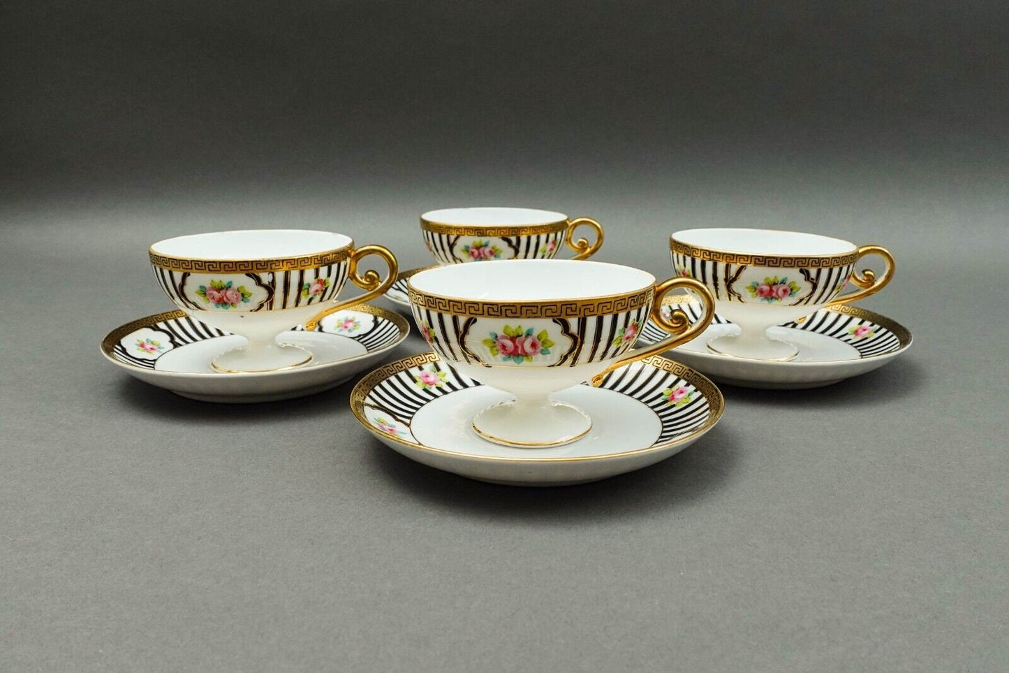 Nippon Japan Hand Painted Pink Roses Gold Gilded Tea Set - No Creamer