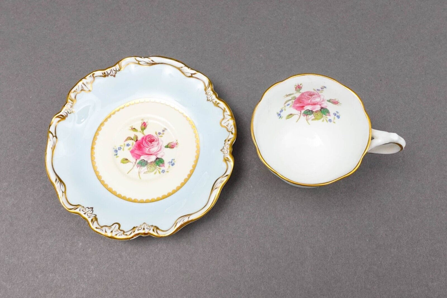 George Jones Crescent England Rose Floral Blue Gold Demitasse Cup & Saucer