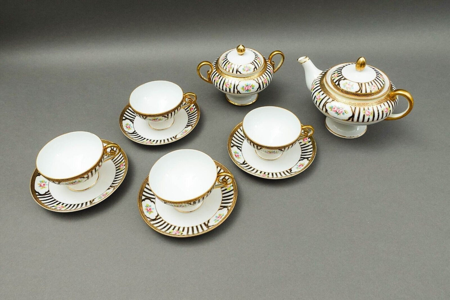 Nippon Japan Hand Painted Pink Roses Gold Gilded Tea Set - No Creamer
