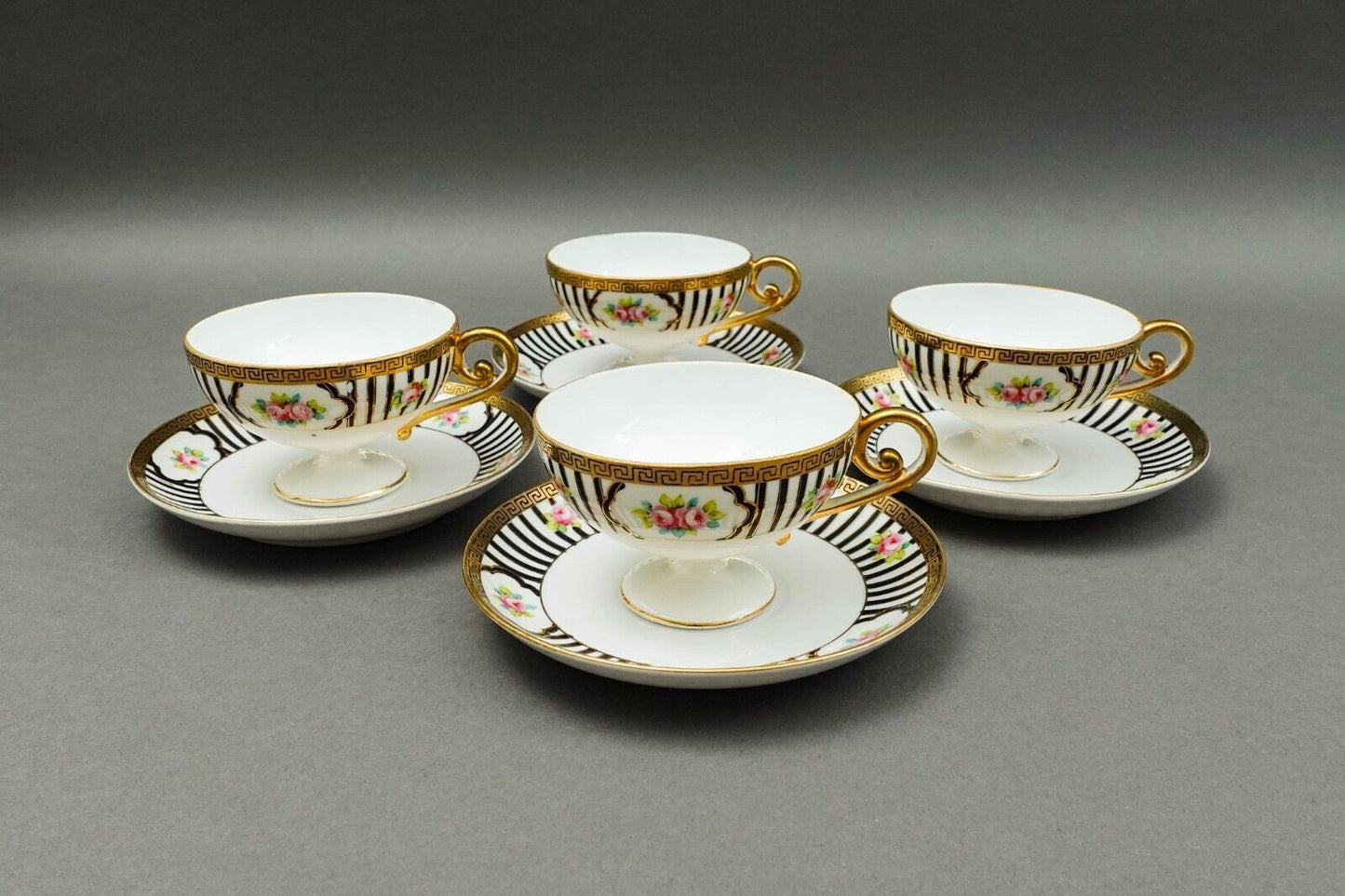 Nippon Japan Hand Painted Pink Roses Gold Gilded Tea Set - No Creamer