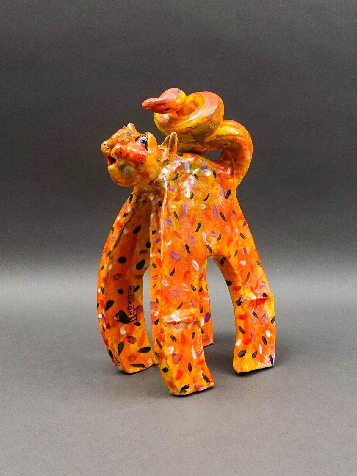 Whimsical Signed Studio Art Pottery Ceramic Cat Figurine Sculpture 11 1/4"